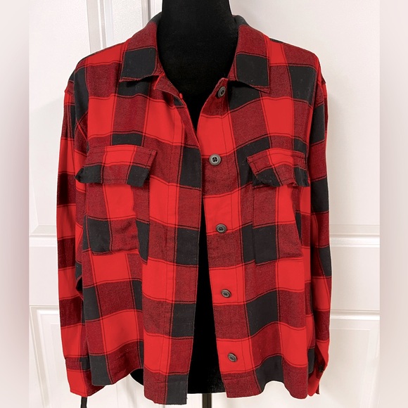 Express Tops - Express Buffalo Plaid Short Flannel Shirt
